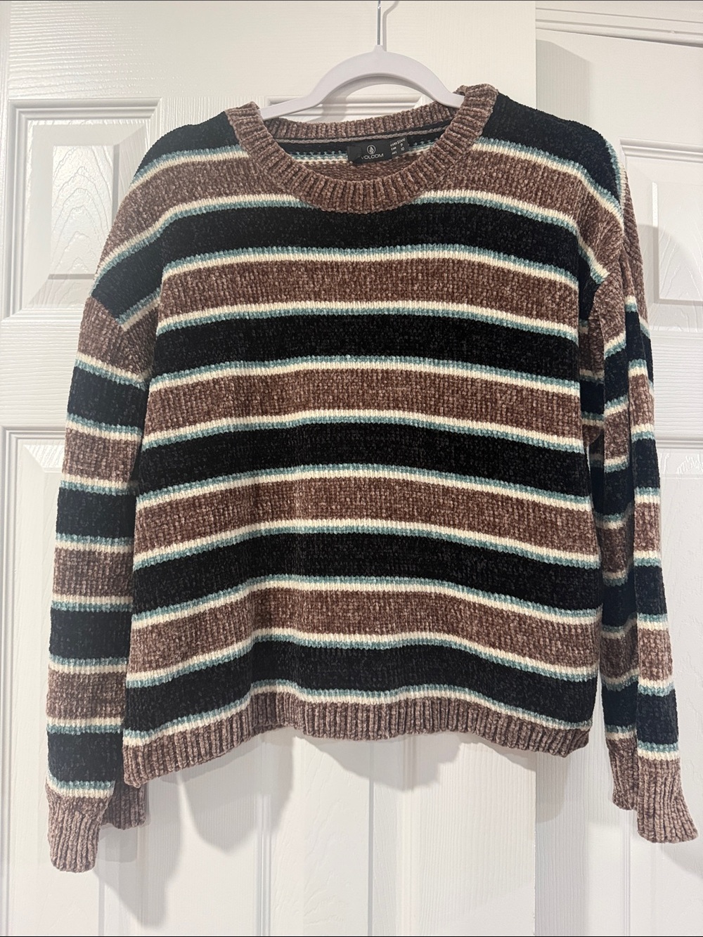 Volcom Bubble Tea Cozy Striped Crewneck Sweater in Brown, Black & Cream